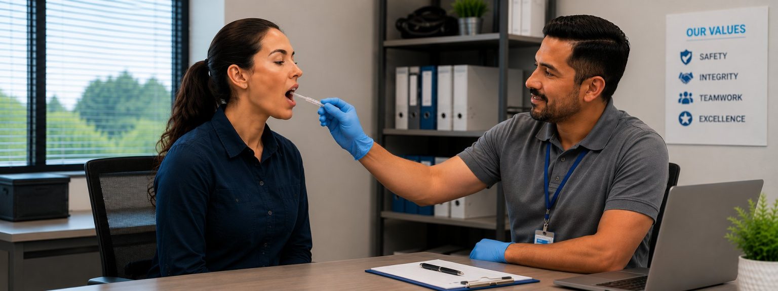 EZ Saliva Quickswab drug testing kit being used by a woman at her work. Kits are available in Boise, Meridian, Nampa, Rexburg, Pocatello and Idaho Falls, Idaho.