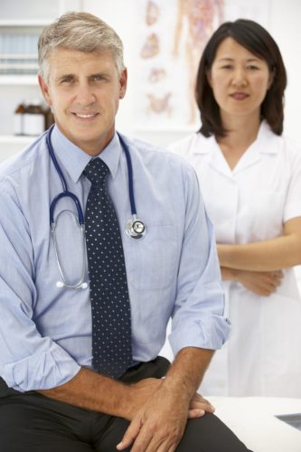 HPV Self-Collection Lab test doctor and nurse greeting patient.