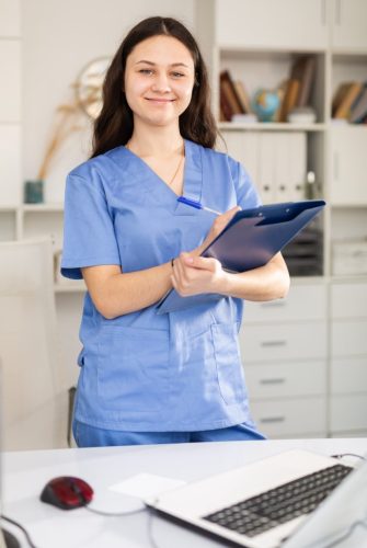 HPV Self-Collection Lab test nurse greeting and assisting patient.