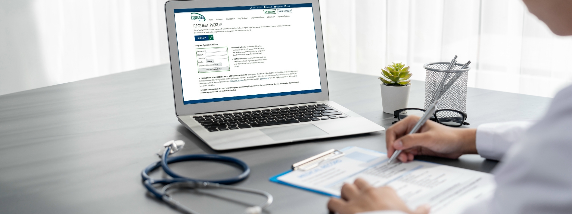 Medical laboratory testing online order form being looked at by a doctor in Boise, Garden City, Meridian, Nampa, Pocatello or other locations in East Idaho.