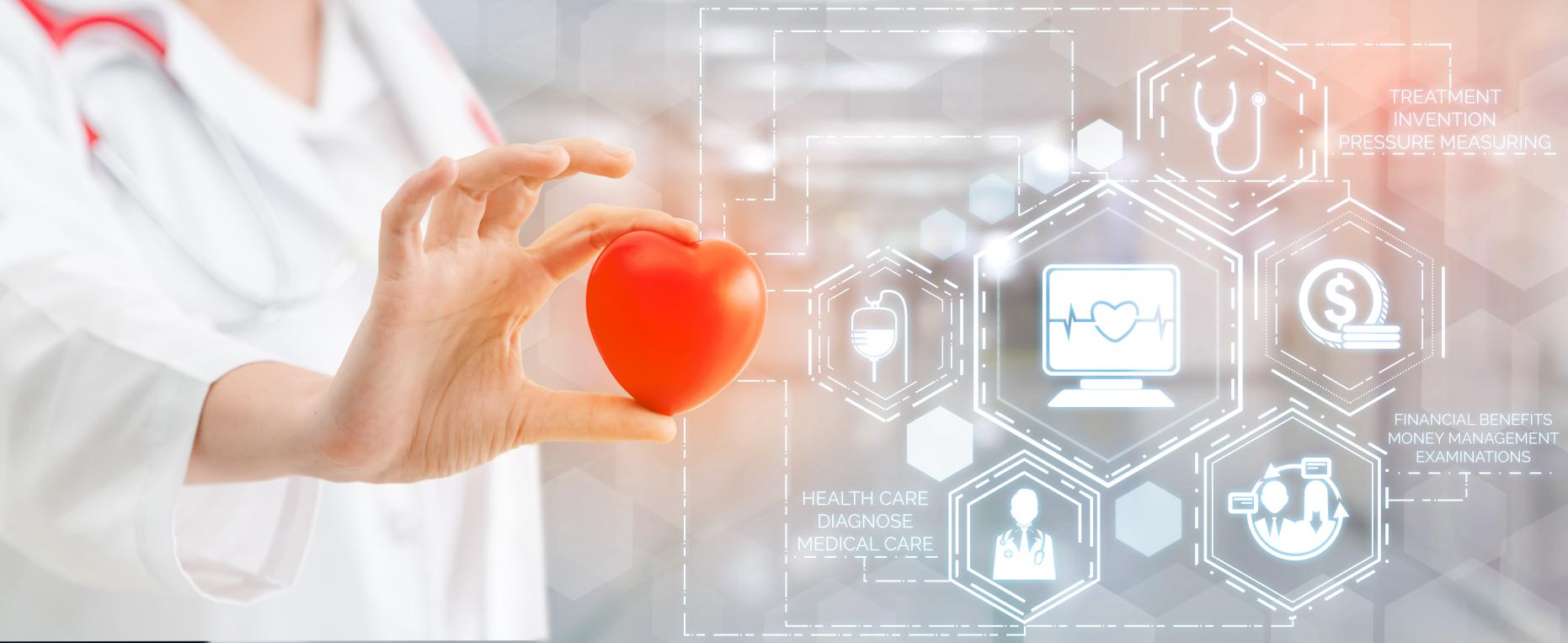 Cardiology medical lab testing concept: A cardiologist holding a heart prop and scientific diagram depicting treatment process.