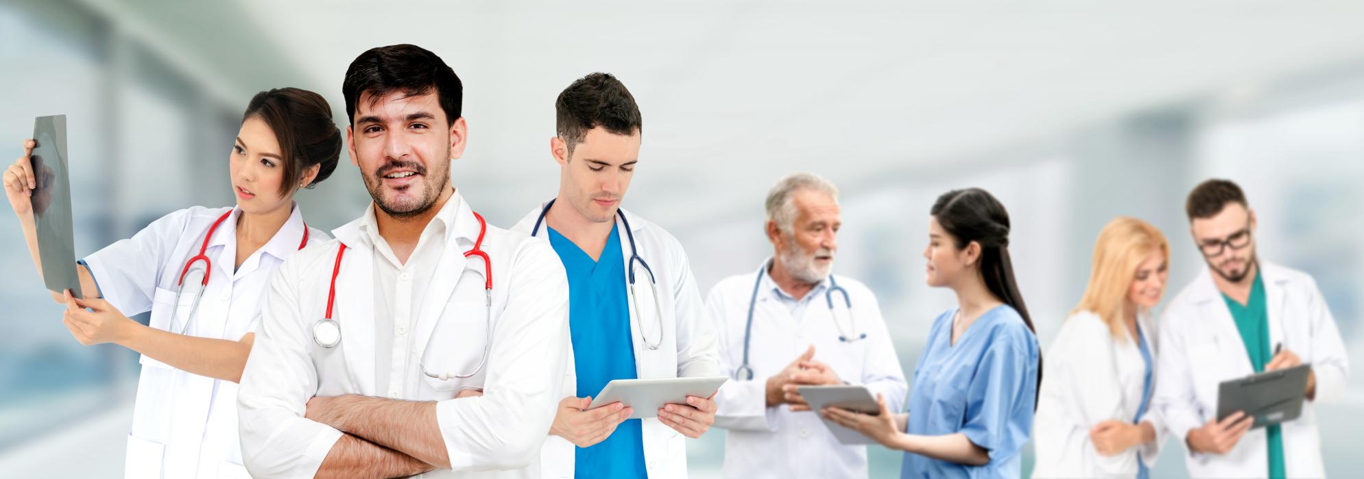Medical laboratory testing for a variety of medical sub-specialties. A collage of doctors and healthcare providers representing a variety of medical specialties.